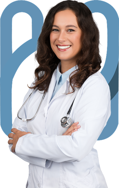 Médica com jaleco branco e estetoscópio, com o símbolo da Help Doctors ao fundo